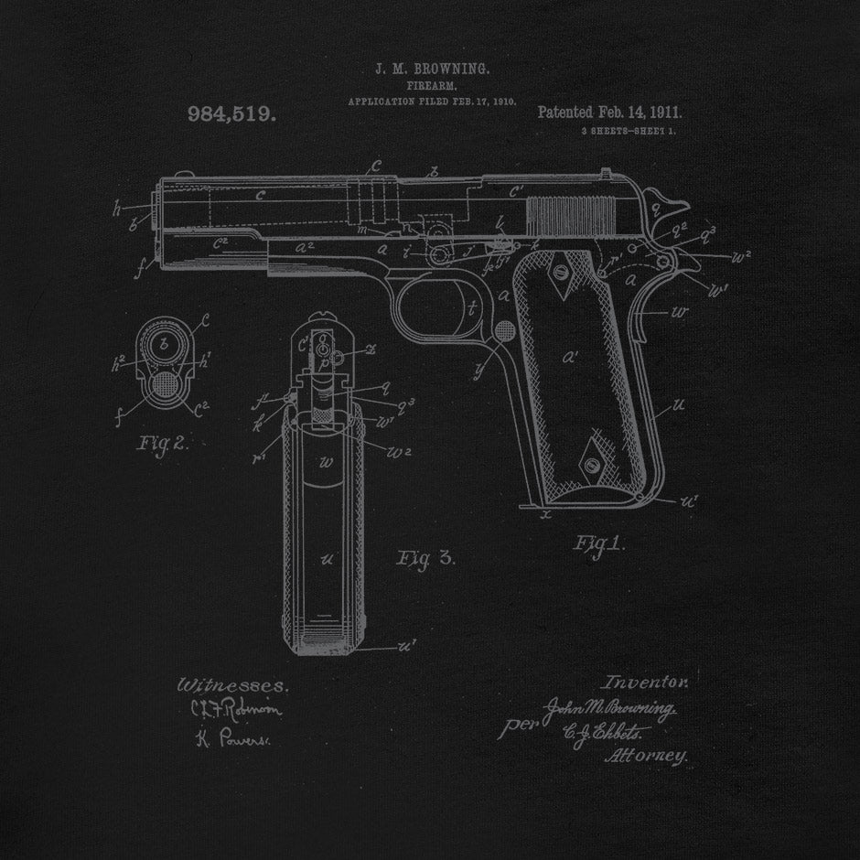 1911 pistol gun shirt featuring the US patent in grey on a black background. The Tactical T Shirts show 3 views of the handgun along with signatures from the inventors.