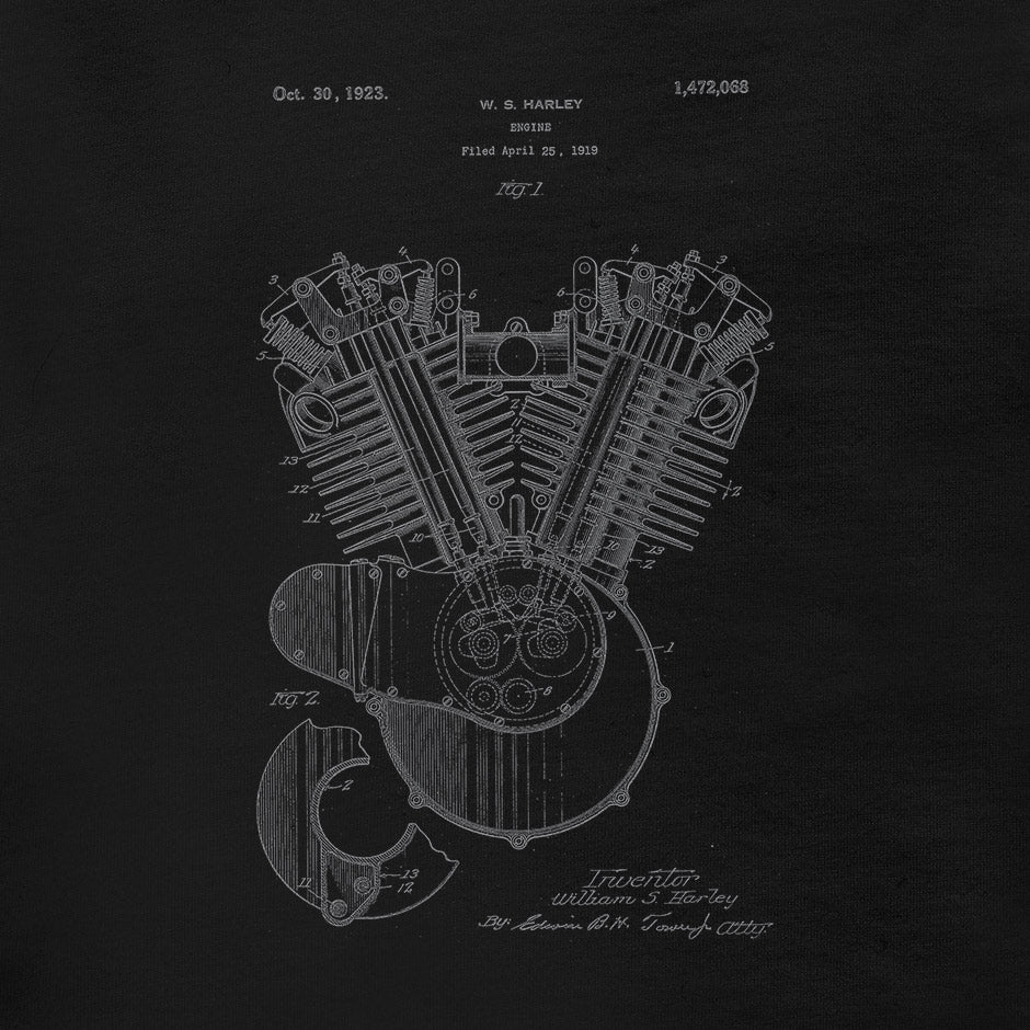 Black Harley shirt featuring the 1923 Harley Model 23 JS engine patent. Biker Clothing by Dodo Tees.