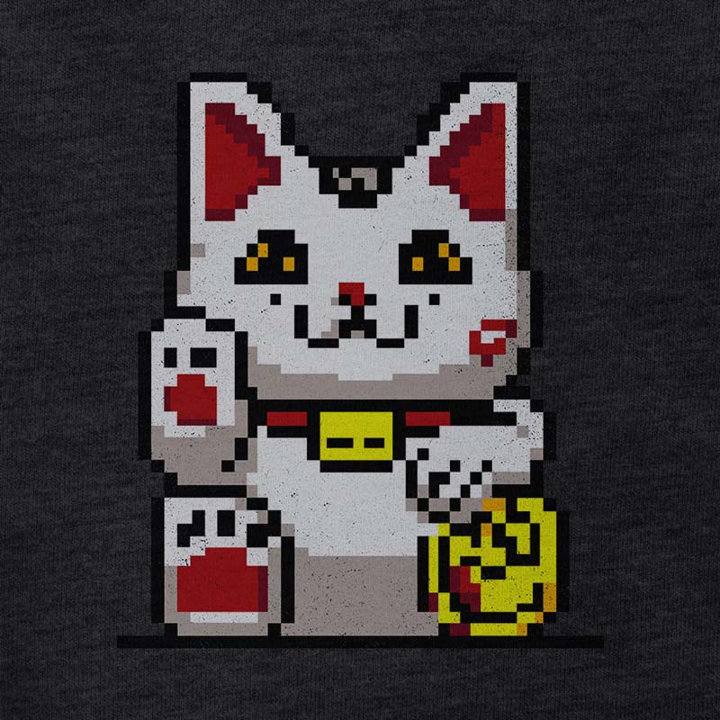 detail view of the 8 bit lucky cat t shirt by dodo tees