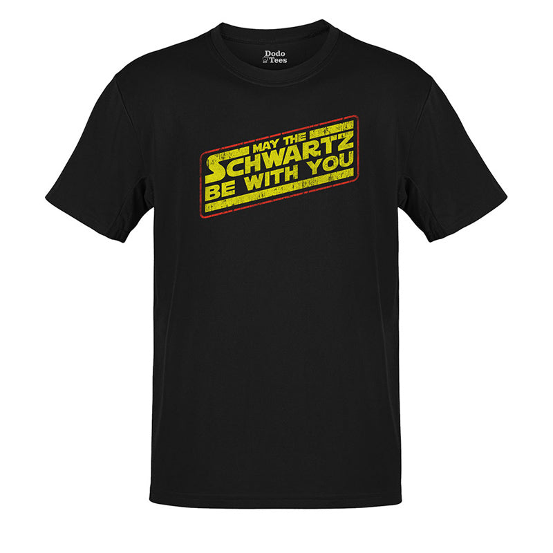 80s movie tees with may the schwartz be with you typographic logo in black
