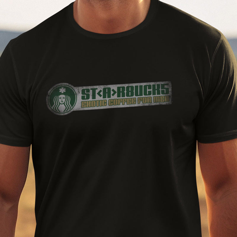 detail view of coffee tshirt with exotic coffee for men logo printed in a distressed printing style