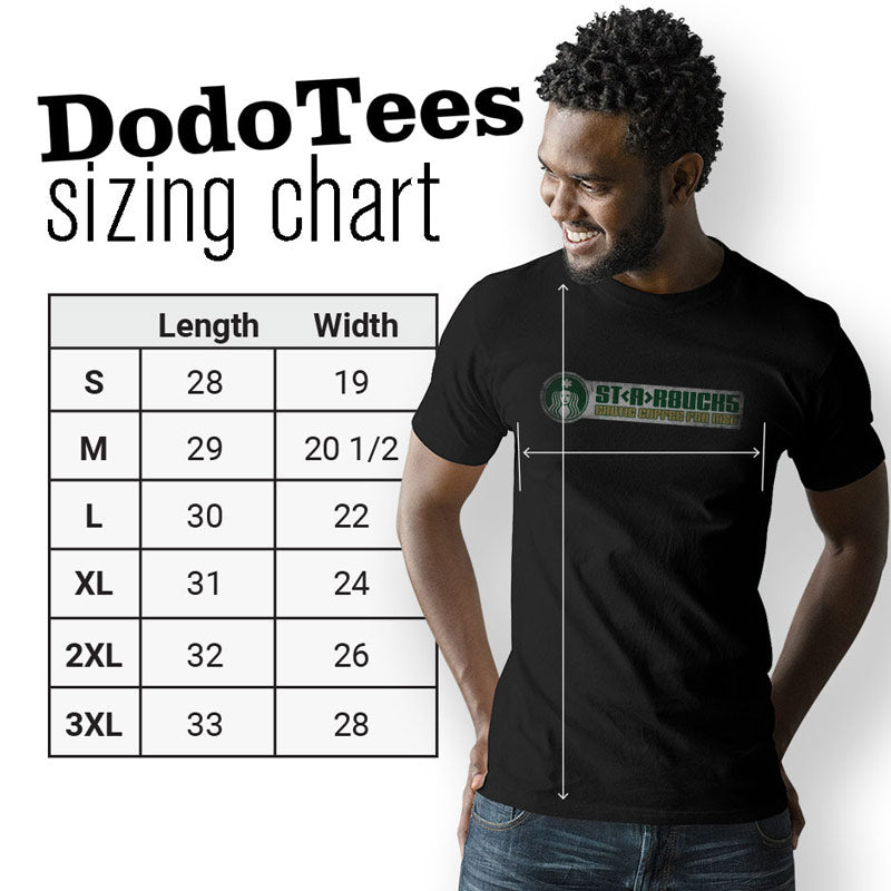 coffee tshirt sizing chart, available in sizes small to 3XL
