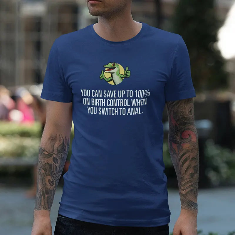 Dirty shirts featuring an original Dodo Tees graphic with a Gecko giving thumbs up. The Vulgar T Shirts are blue and constructed from soft fabric.