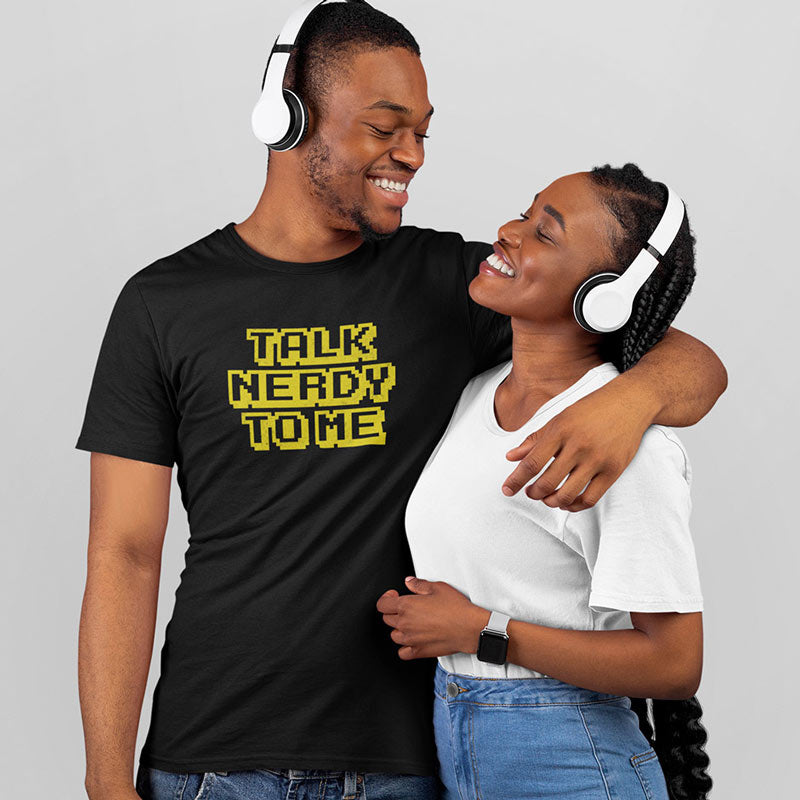 Gifts for nerdy boyfriend coding tshirt reading Talk Nerdy To Me in an 8 bit font.