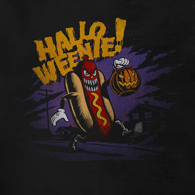Closeup of funny Halloween t-shirt for adults featuring the Halloweenie hot dog design.
