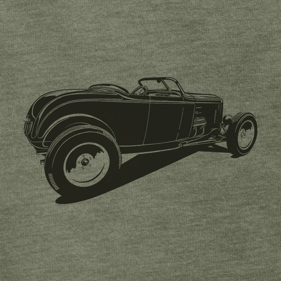 Roadster shirt featuring a highboy hot rod. Dodo Tees automotive apparel.