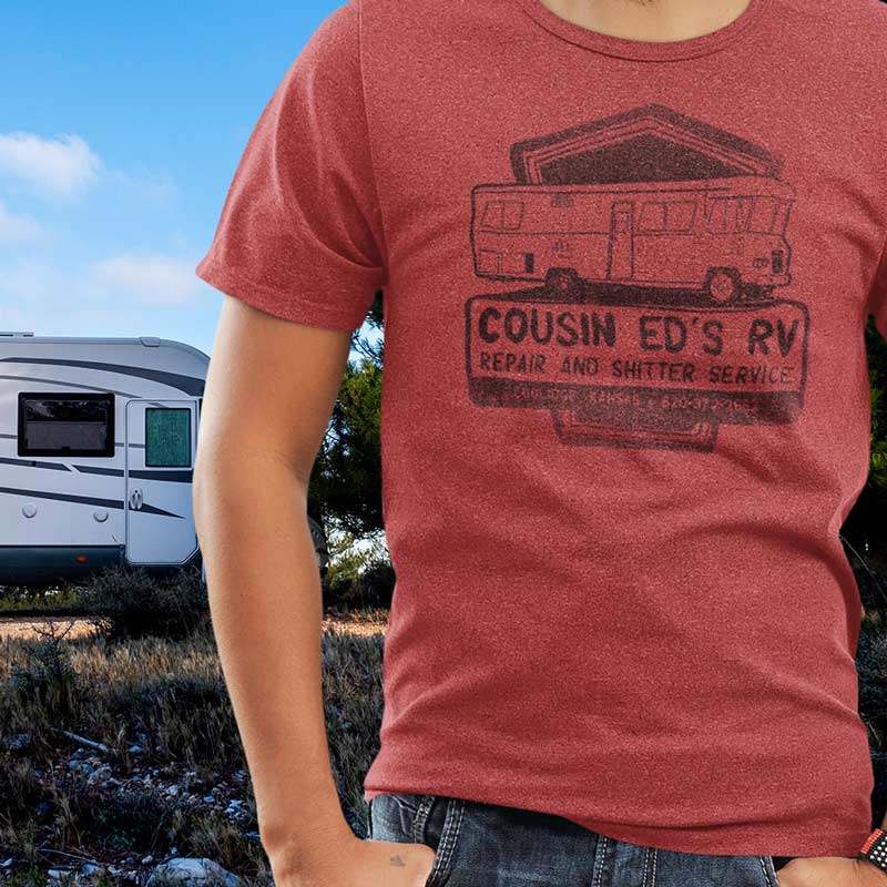 close up of dodo tees Funny Christmas Shirts for men featuring a unique illustration of cousin eddies RV