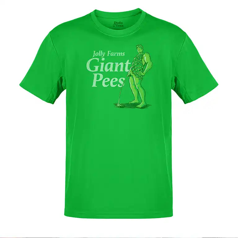 Humor clothes with Jolly Farms Giant Pees illustration on front.