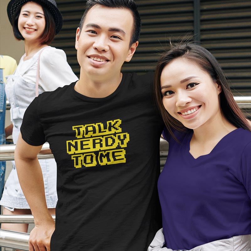 men modeling nerdy stocking stuffers for men by Dodo Tees. The funny shirt reads Talk Dirty To Me.