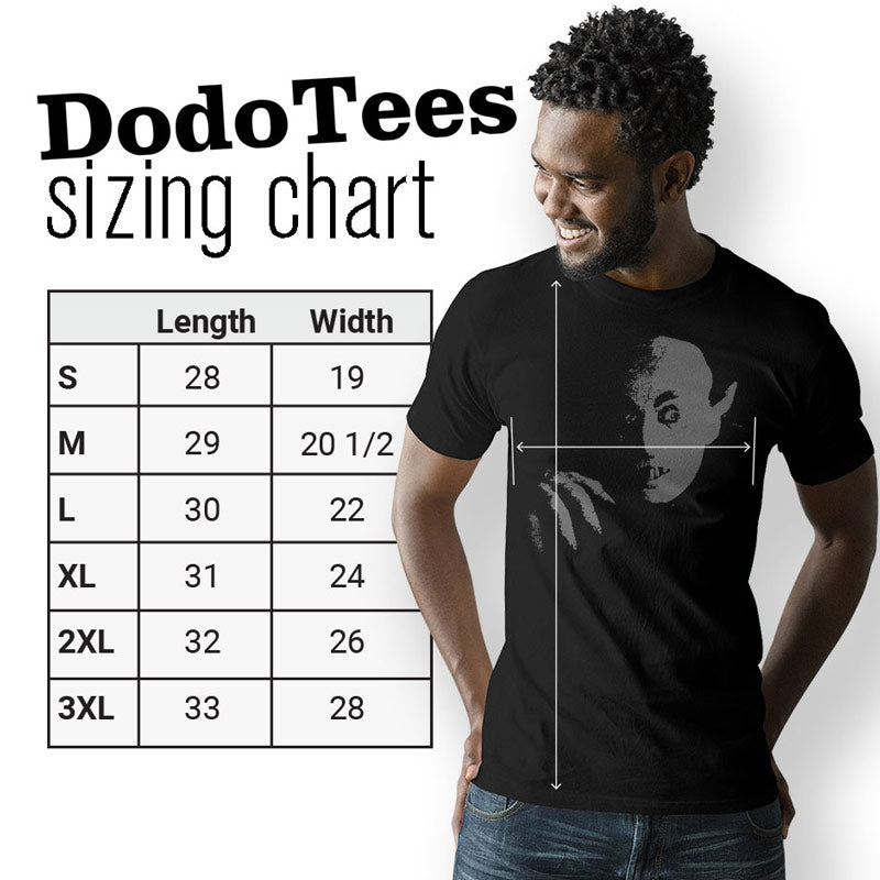 Nosferatu Shirt and mens tees sizing chart. Available in sizes Small to 3XL.