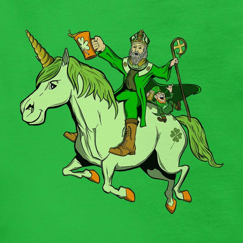 St patricks day shirt with St. Patrick and a leprechaun riding a horse