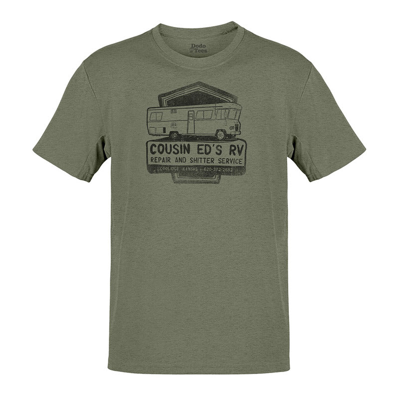 christmas t shirt with cousin eds rv logo in heather olive by dodo tees