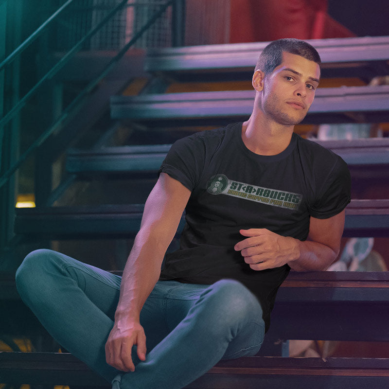man on stairs wearing coffee tshirt with exotic coffee for men distressed logo
