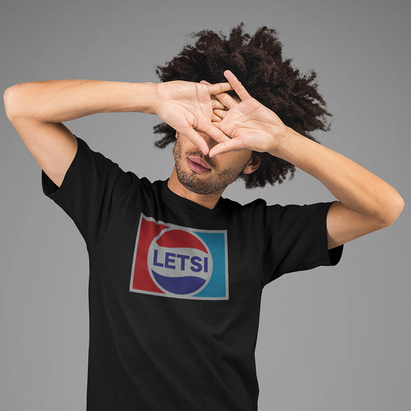 stylish man wearing cool guy shirt with letsi logo in black