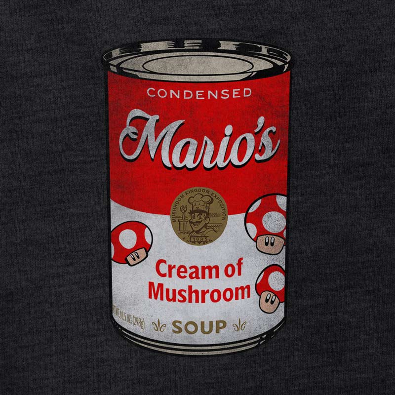 A fun mario t shirt featuring Mario's Cream of Mushroom Soup can. The pop art design captures the essence of retro gaming.