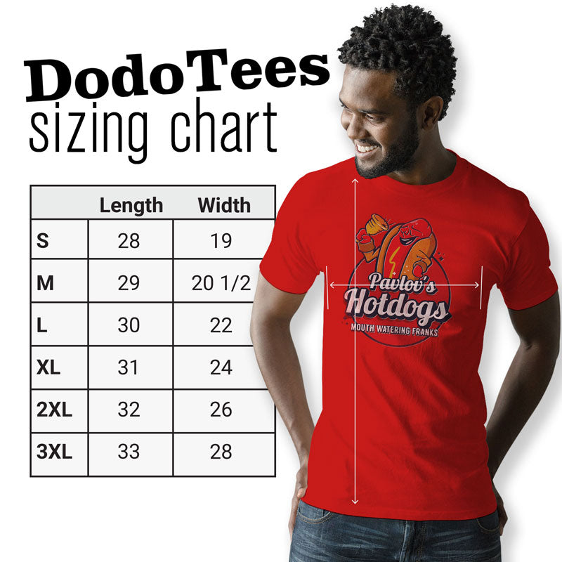 sizing chart for dad shirt with pavlovs hot dogs logo available in sizes small to 3XL.