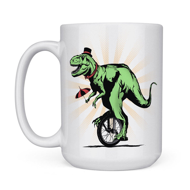 dodo tees dinosaur mug with vintage style illustration of a t rex riding a unicycle wearing a top hat