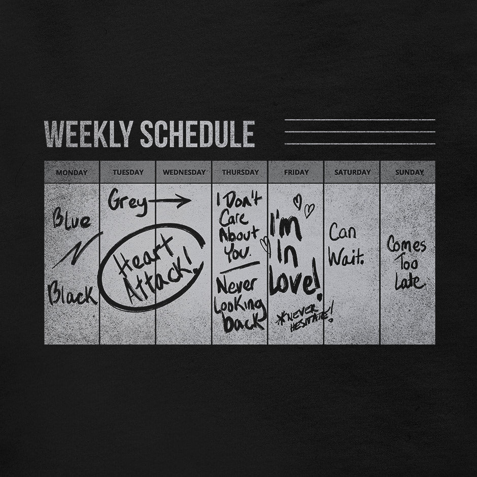 close up view of lyric t shirt with friday i'm in love weekly schedule inspired by song lyrics. The music themes shirts are distressed for a vintage feel.