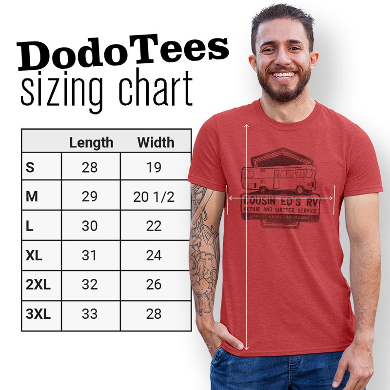 funny Christmas shirt sizing chart for Dodo Tees with model wearing cousin ed's rv logo