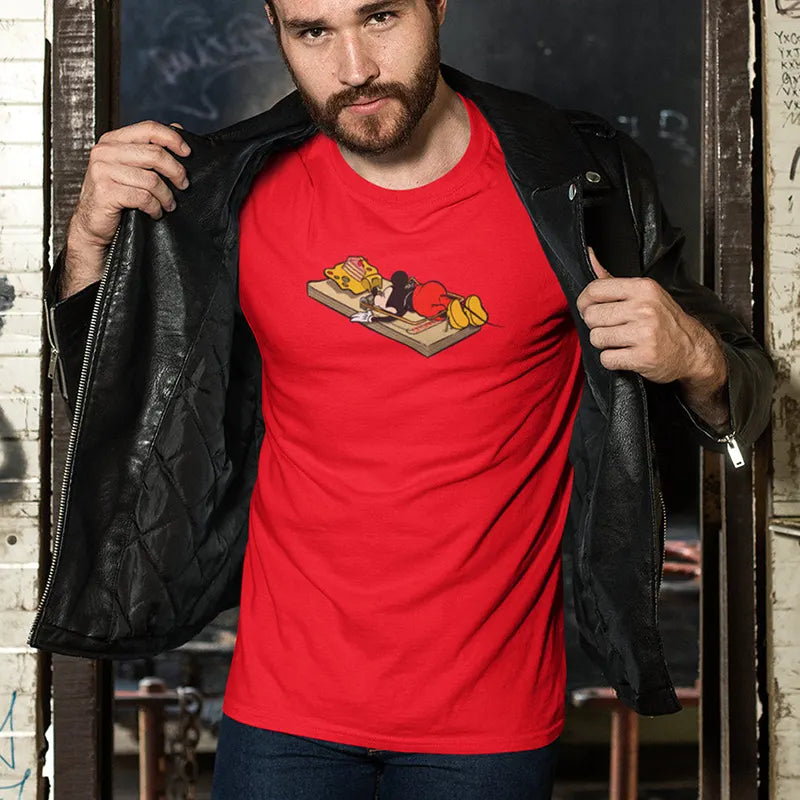 model wearing leather jacket and funny gifts dead cartoon mouse t shirt