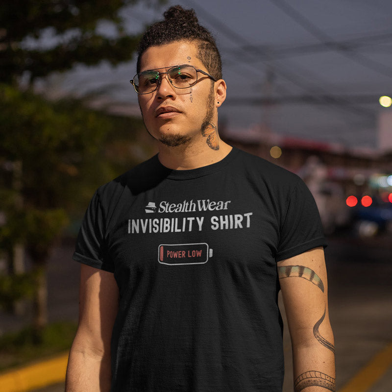 Close-up of the Stealth Wear Invisibility Shirt: Power Low Funny Shirts for men by Dodo Tees. Graphic Tees feature premium high quality inks and materials Dodo Tees