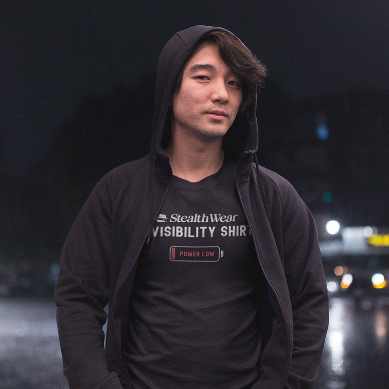 Detailed shot of a man wearing the Dodo Tees Stealth Wear Invisibility Shirt: Power Low funny shirts for men featured image. Original funny t shirts design by Dodo Tees.
