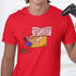Close up a red gaming shirt where Mario is kneeling with a speech bubble asking "Are you there god it's a me Mario." Design by Dodo Tees.