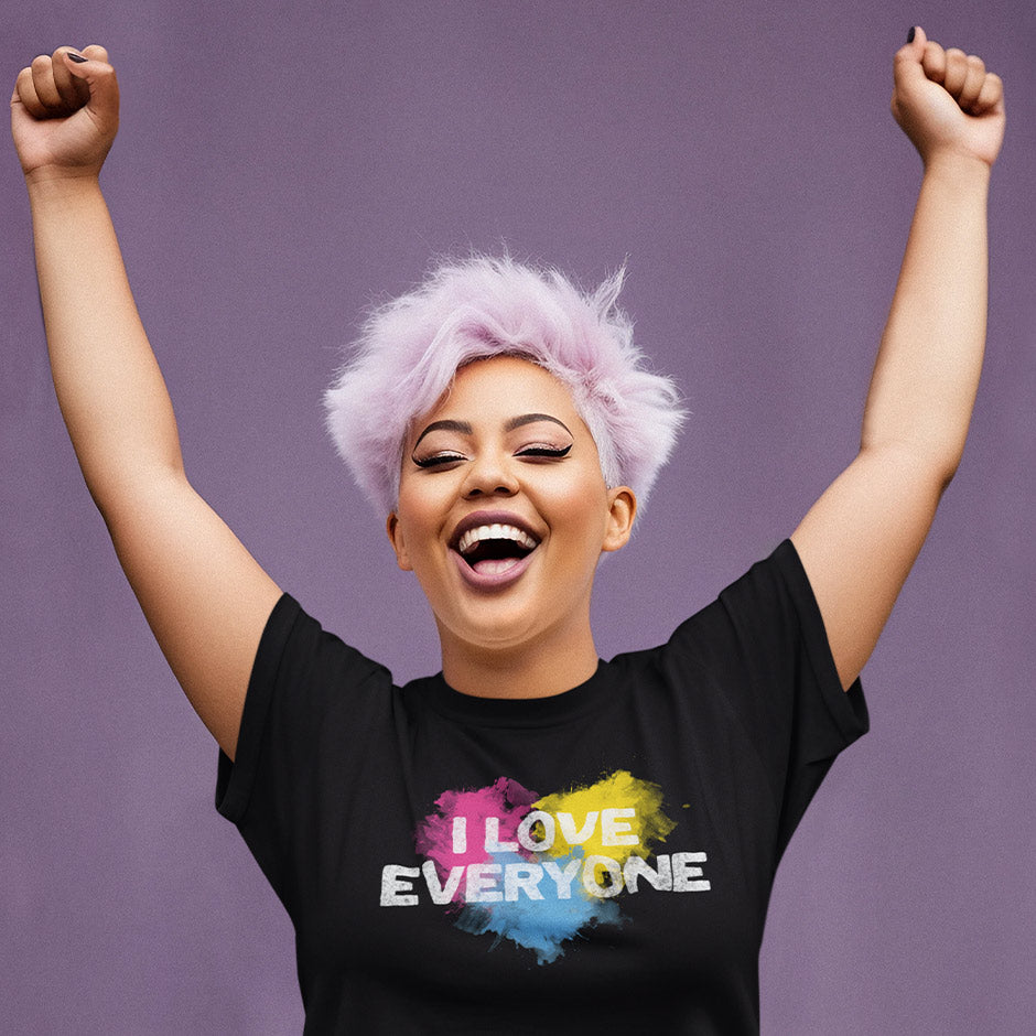 joyful woman with hands in the air wearing gay pride gift i love everyone t shirt