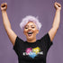 joyful woman with hands in the air wearing gay pride gift i love everyone t shirt
