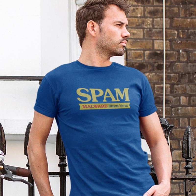 Funny geek apparel featuring the words Spam Malware flavored internet. The nerd t shirt has a lightly distressed