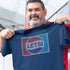smiling man showing off gift for dad letsi t shirt