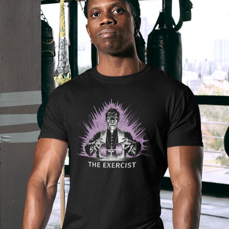 The gifts for gym lovers Dodo Tees illustration of a priest levitating a barbell. Mens Gym Apparel has Free Shipping.