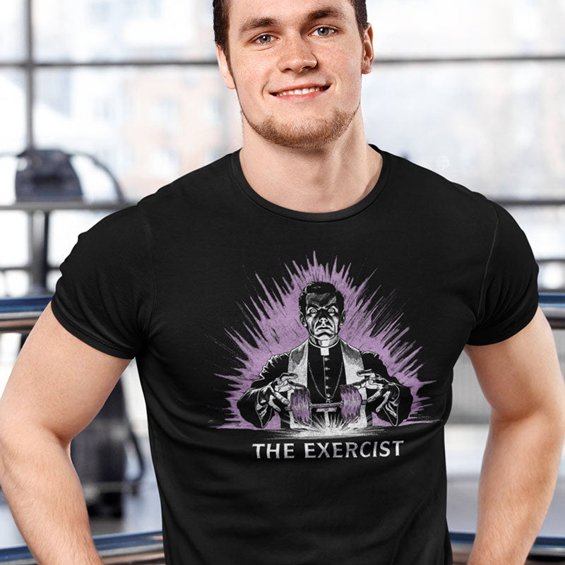 Halloween gym wear with a Hand-Drawn Design of a priest levitating a barbell. Guys Gym Wear are printed with high quality ink