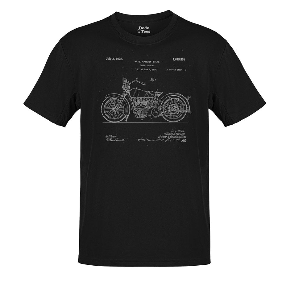 Black Harley shirts for men with a 1928 patent. Dodo Tees  biker apparel is side-seamed for a great fit.