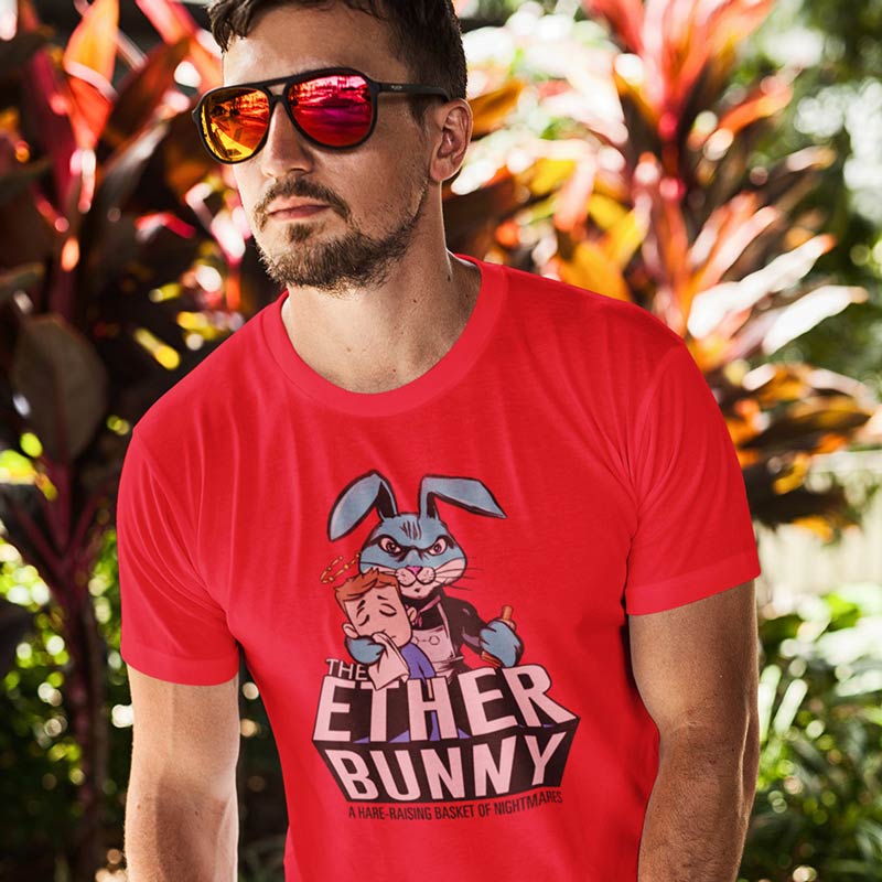 man in sunglasses wearing horror t shirt with ether bunny graphic