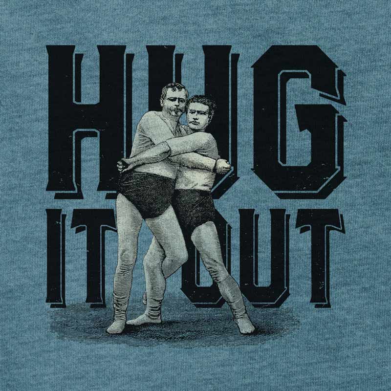wrestling t shirt close up with hug it out typography and vintage wrestling illustration by dodo tees