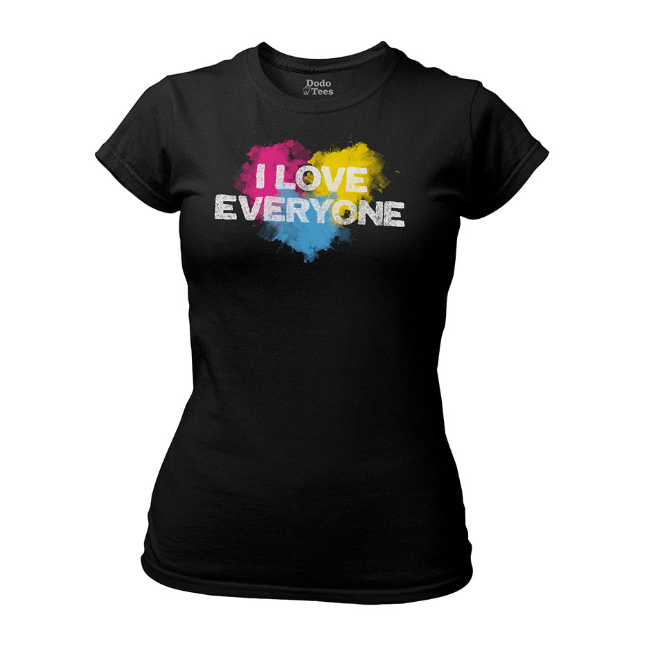 lgbtq shirt with i love everyone colorful heart graphic in fitted black