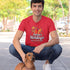 Man with dachshund dog wearing science shirt with pavlovs hot dogs funny restaurant logo in red