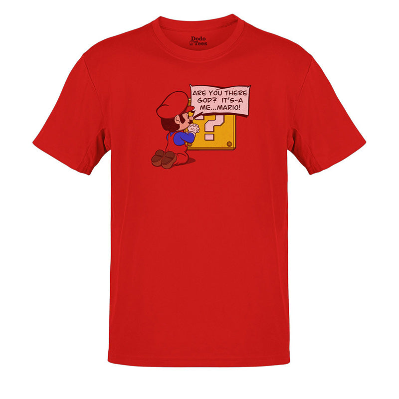 Red Mario shirt where mario is on his knees asking Are you there god it's a me mario on a white background by Dodo Tees.