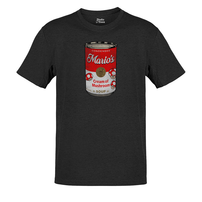 A stylish heather grey mario shirt featuring a pop art-inspired design of Mario holding a 'Cream of Mushroom Soup' can.