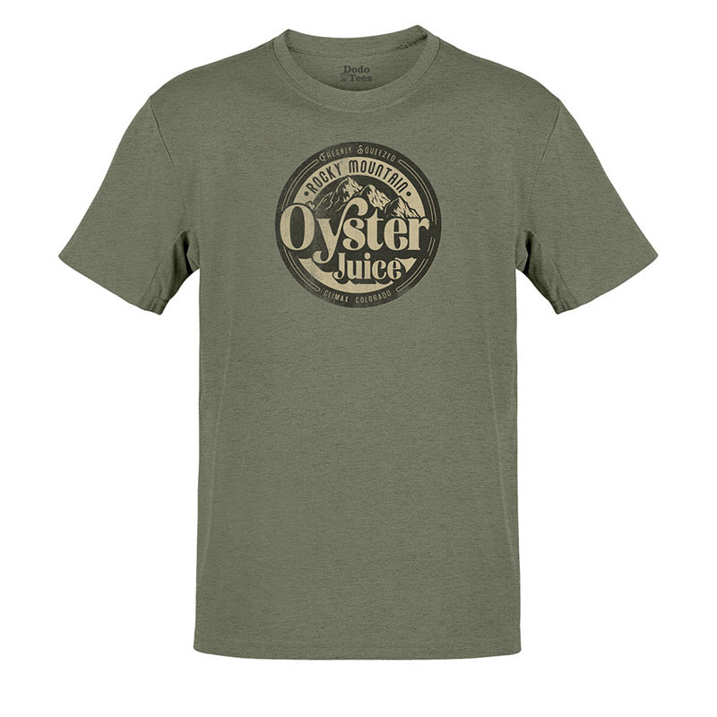 mens funny t shirt with rocky mountain oyster juice logo in heather olive