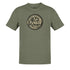 mens funny t shirt with rocky mountain oyster juice logo in heather olive