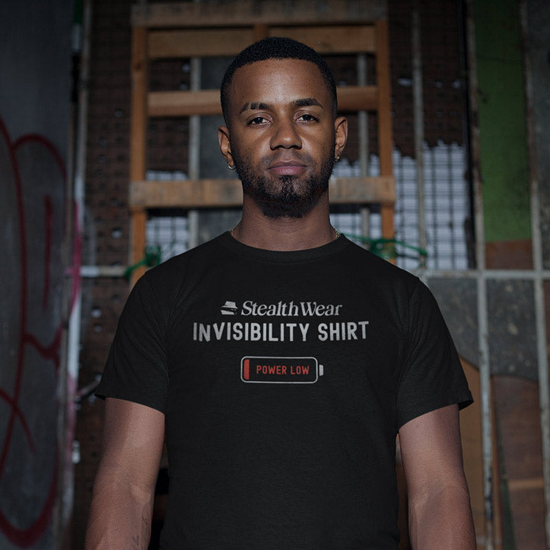 Detailed photo of the Stealth Wear Invisibility Shirt: Power Low Novelty Shirt in black by Dodo Tees