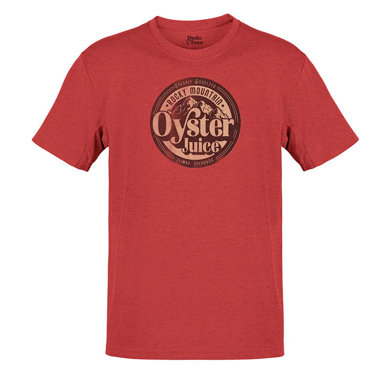 novelty t shirt with rocky mountain oyster juice logo in heather canvas red by dodo tees
