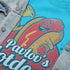 close up view of distressed printing of nerd t shirt with pavlovs hot dogs logo