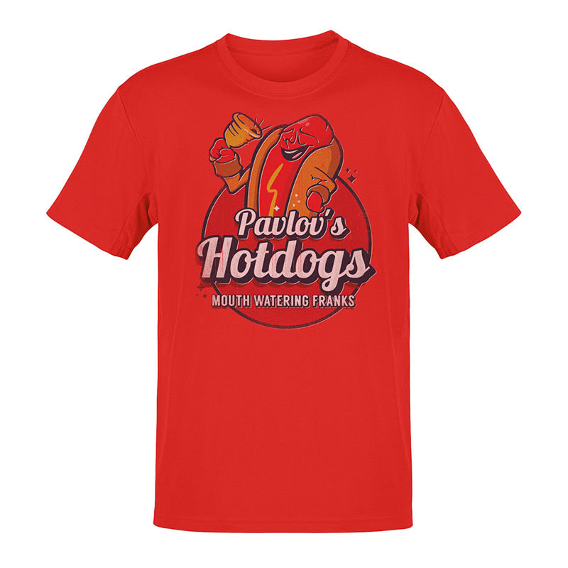 geek shirts with humorous pavlovs hot dogs logo in red by dodo tees
