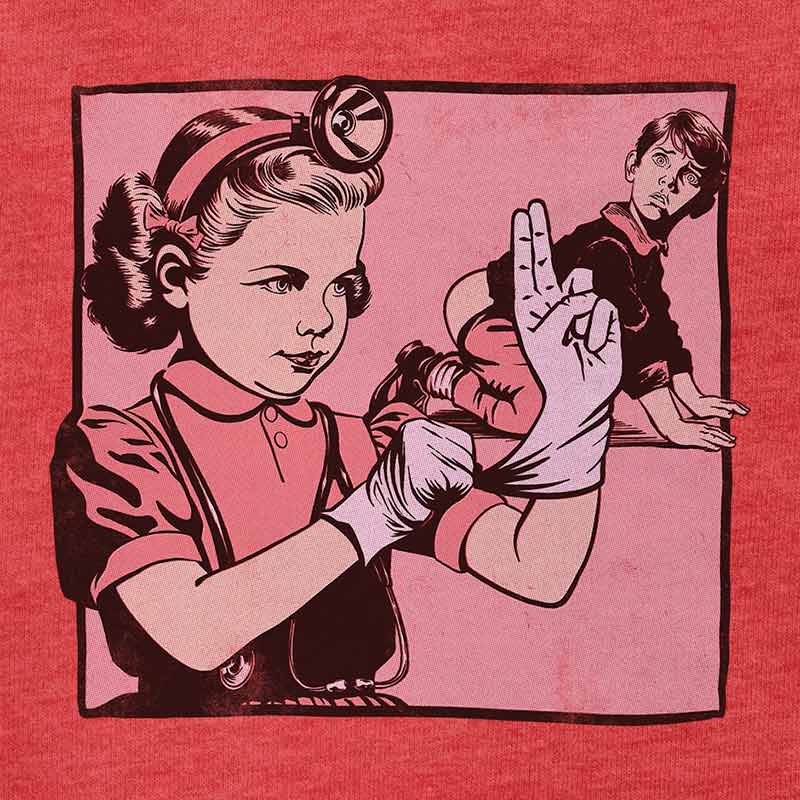 detail view of playing doctor adult humor t shirts by dodo tees with distressed printing style