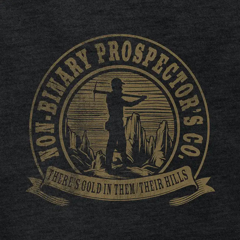 detail view of pride t shirt with non-binary prospector's company logo by dodo tees