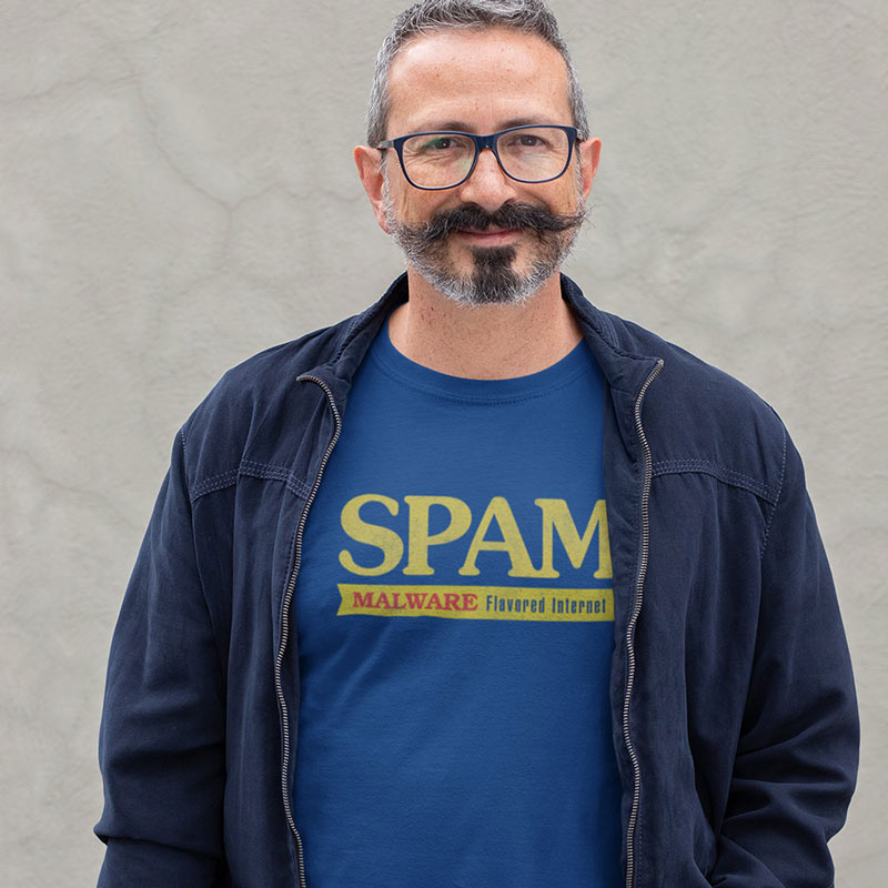 man wearing nerd clothes. Unique Dodo Tees programming t shirt  that reads Spam Malware Flavored Internet.