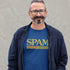 man wearing nerd clothes. Unique Dodo Tees programming t shirt  that reads Spam Malware Flavored Internet.